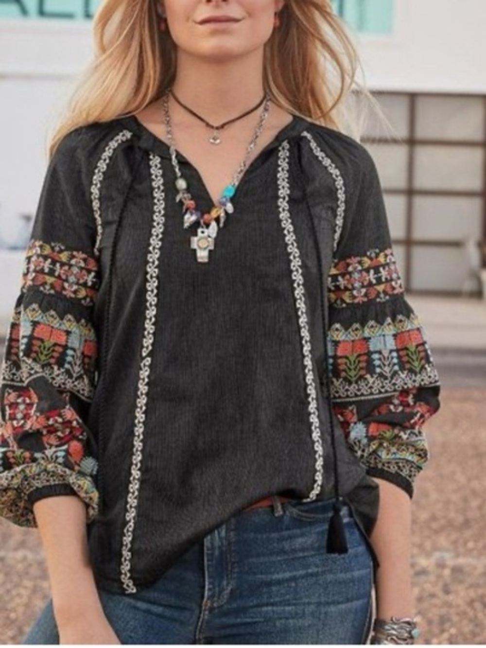 Sundance Black Boho Embroidered Peasant Blouse